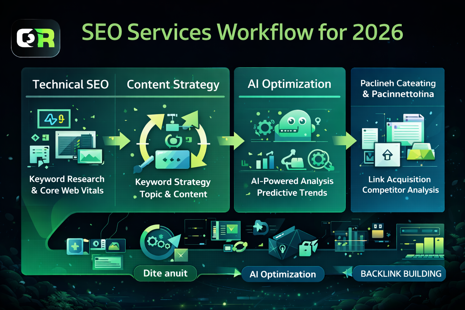 Step-by-step workflow diagram of QuickRanks SEO services marketing agency covering technical SEO, content, backlinks, and AI optimization