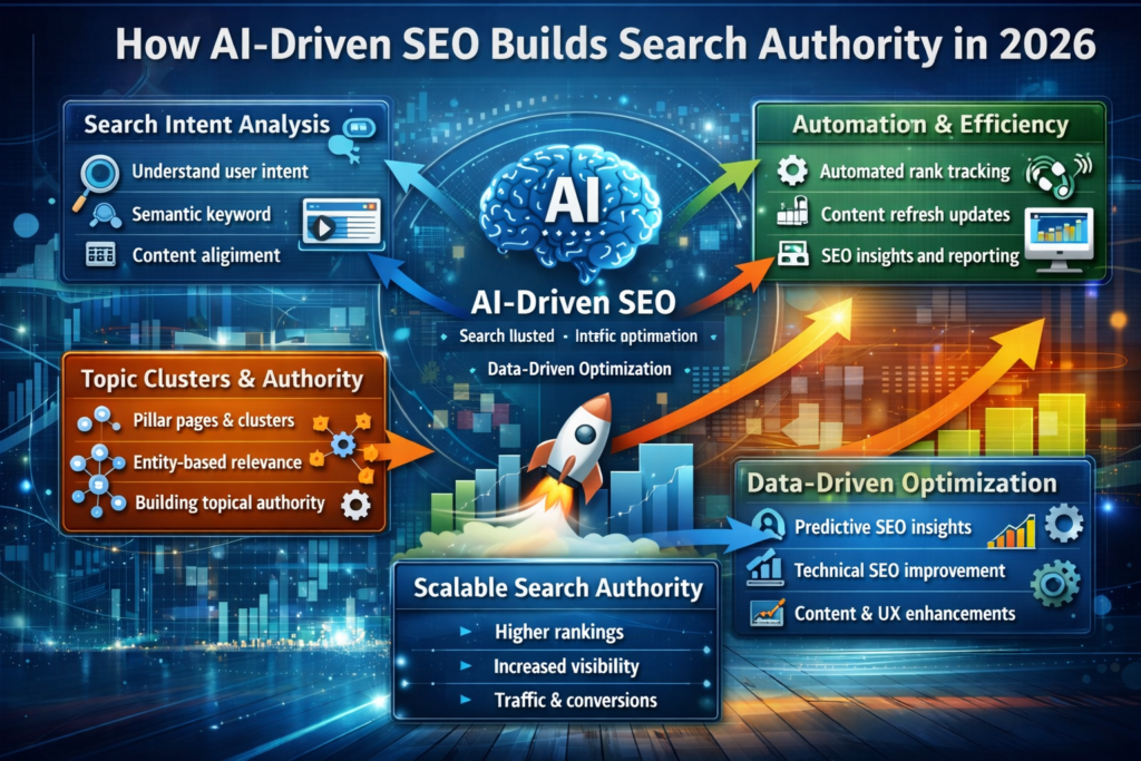 Infographic explaining how AI-driven SEO builds scalable search authority in 2026