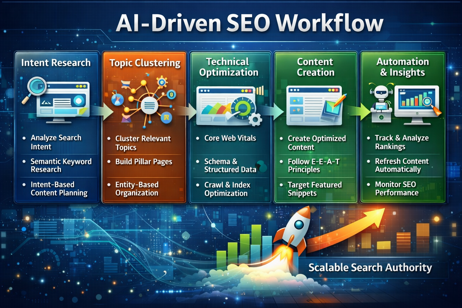 Step-by-step workflow of an AI-driven SEO strategy for modern search engines