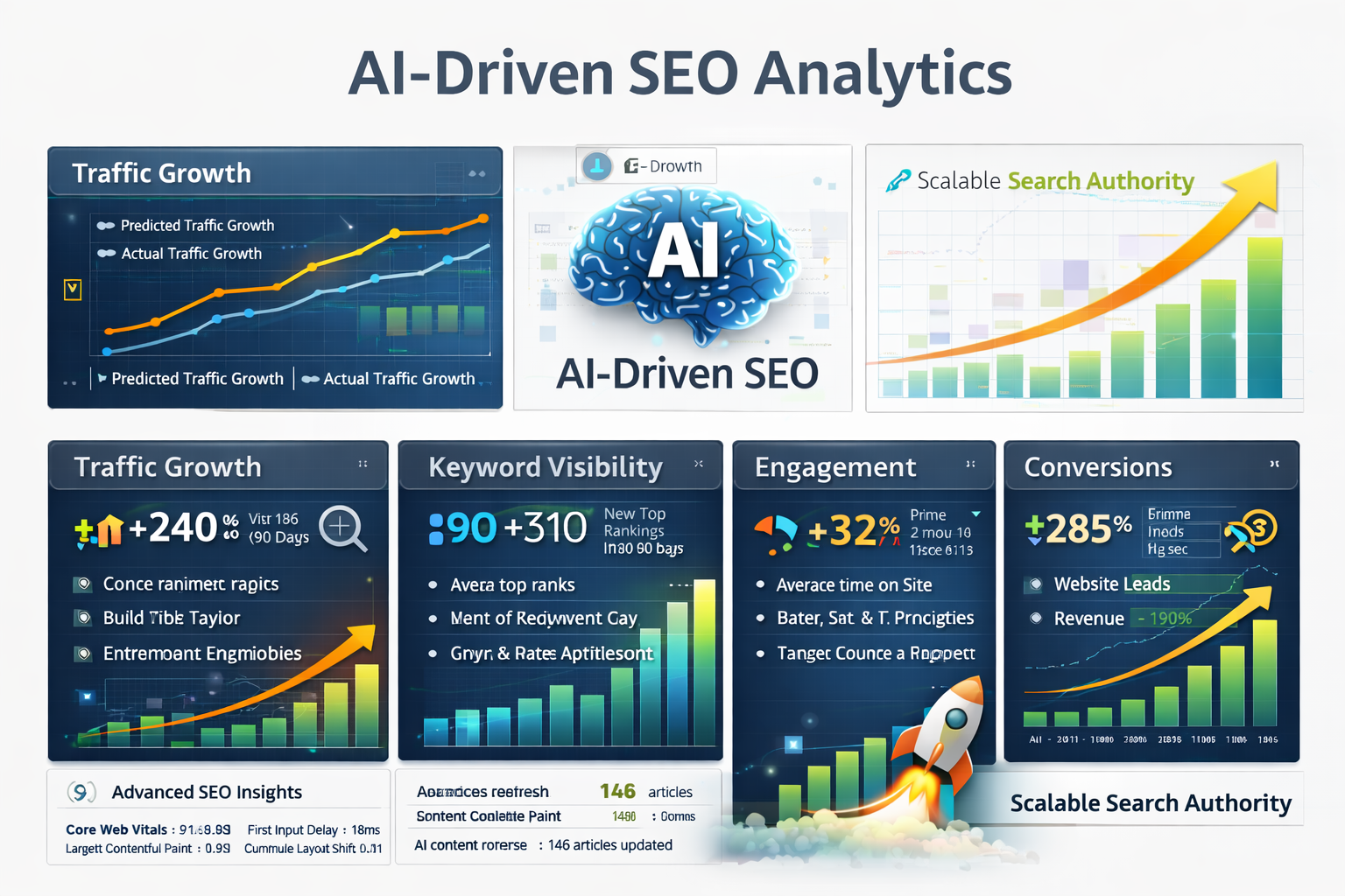 AI-driven SEO analytics dashboard showing traffic growth and conversions