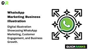 "Digital illustration showing a green WhatsApp icon with arrows and spark symbols representing marketing, customer engagement, and business growth, designed by QuickRanks."